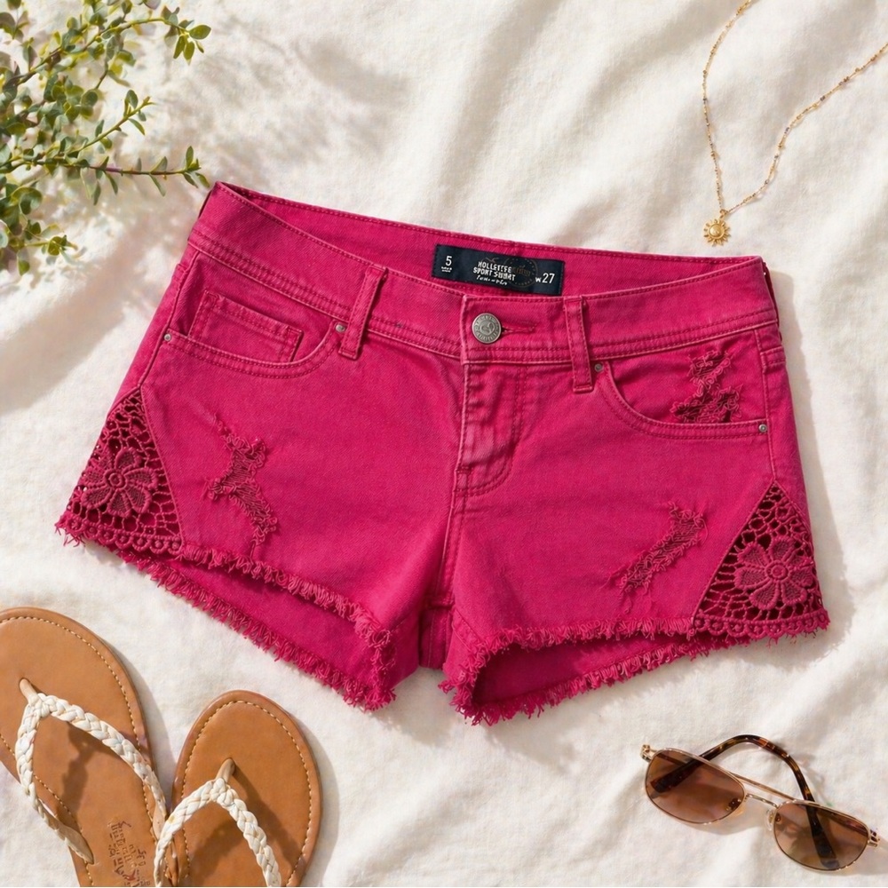 Hollister Magenta Distressed Denim Shorts with Lace Insets - Picture 2 of 7